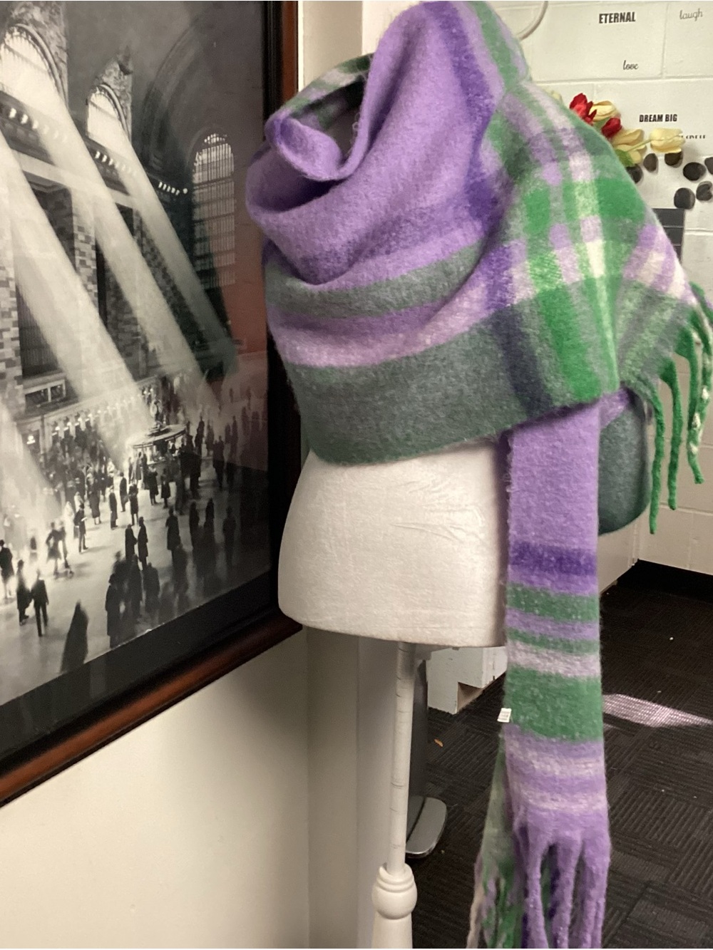 Cozy Plaid Fringe Scarf in Lavender, Gray & Green